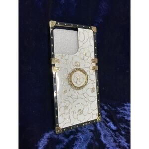 Iphone 14 Plus Phone case White Flower's With Gold accents and Black Trim